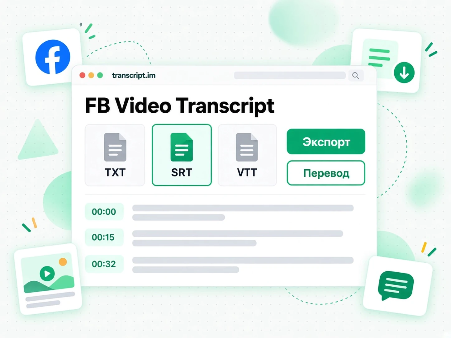 FB Video Transcript: Экспортируйте, переводите или используйте текст
