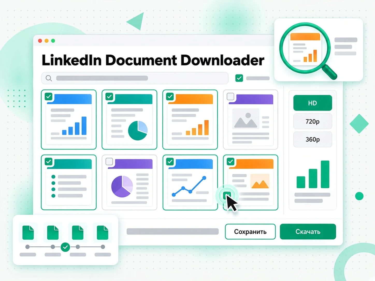 LinkedIn Document Downloader: превью-сетка страниц, найденных загрузчиком карусели LinkedIn
