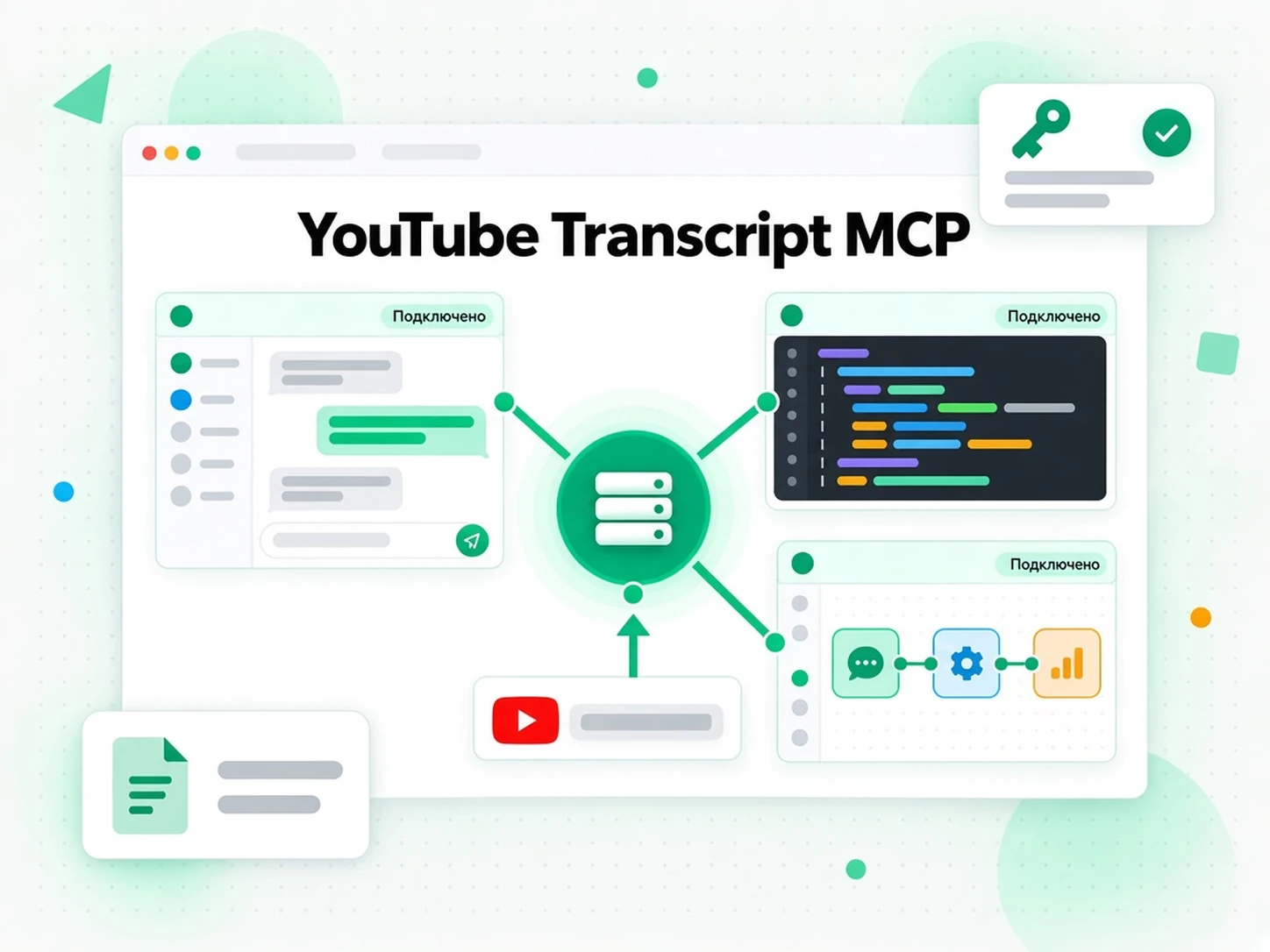 YouTube Transcript MCP: клиенты чата, редактора кода и конструктора агентов подключены к одному серверу по ссылке YouTube