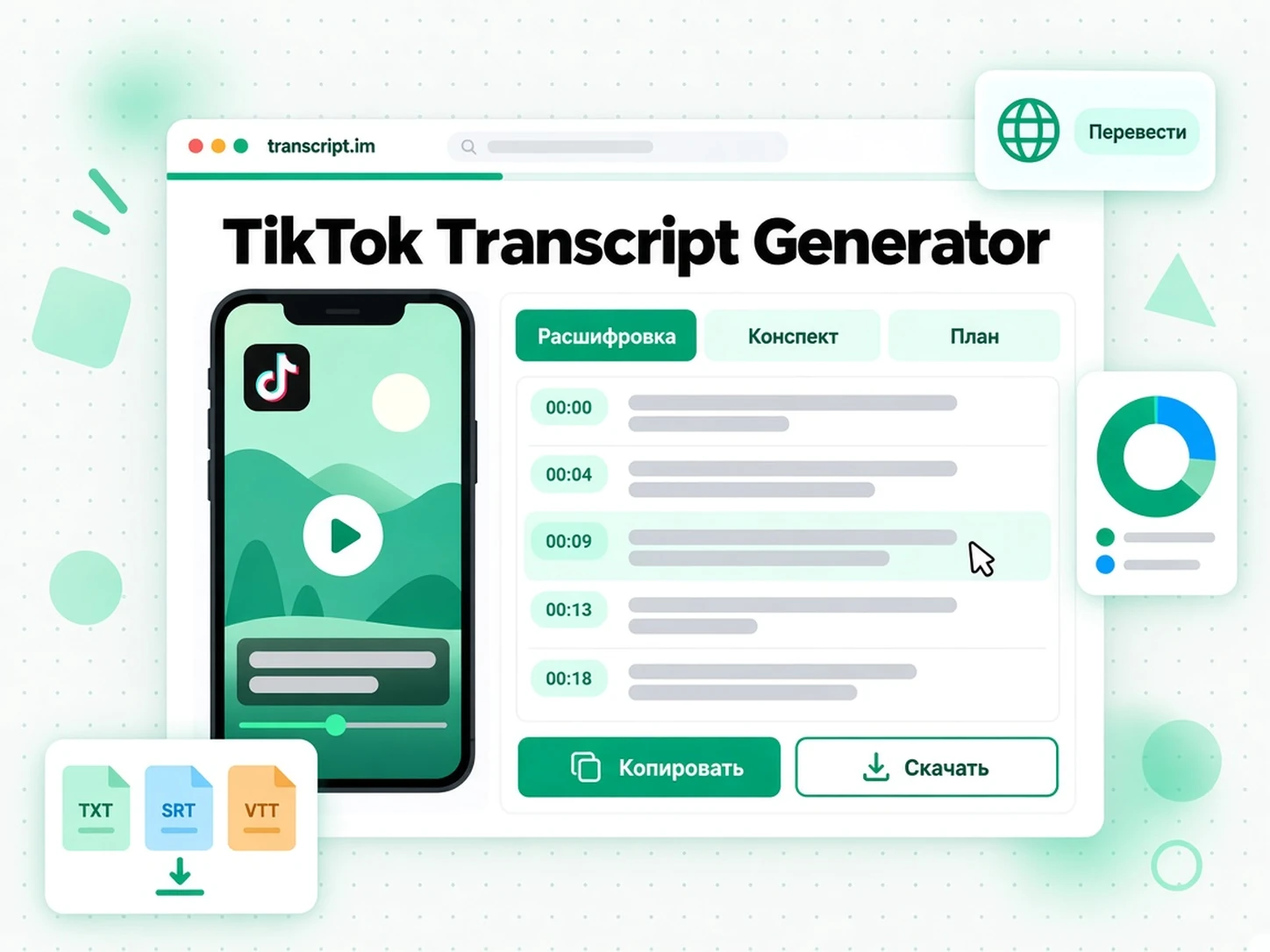 TikTok Transcript Generator: генератор расшифровок TikTok превращает видео в текст с таймкодами