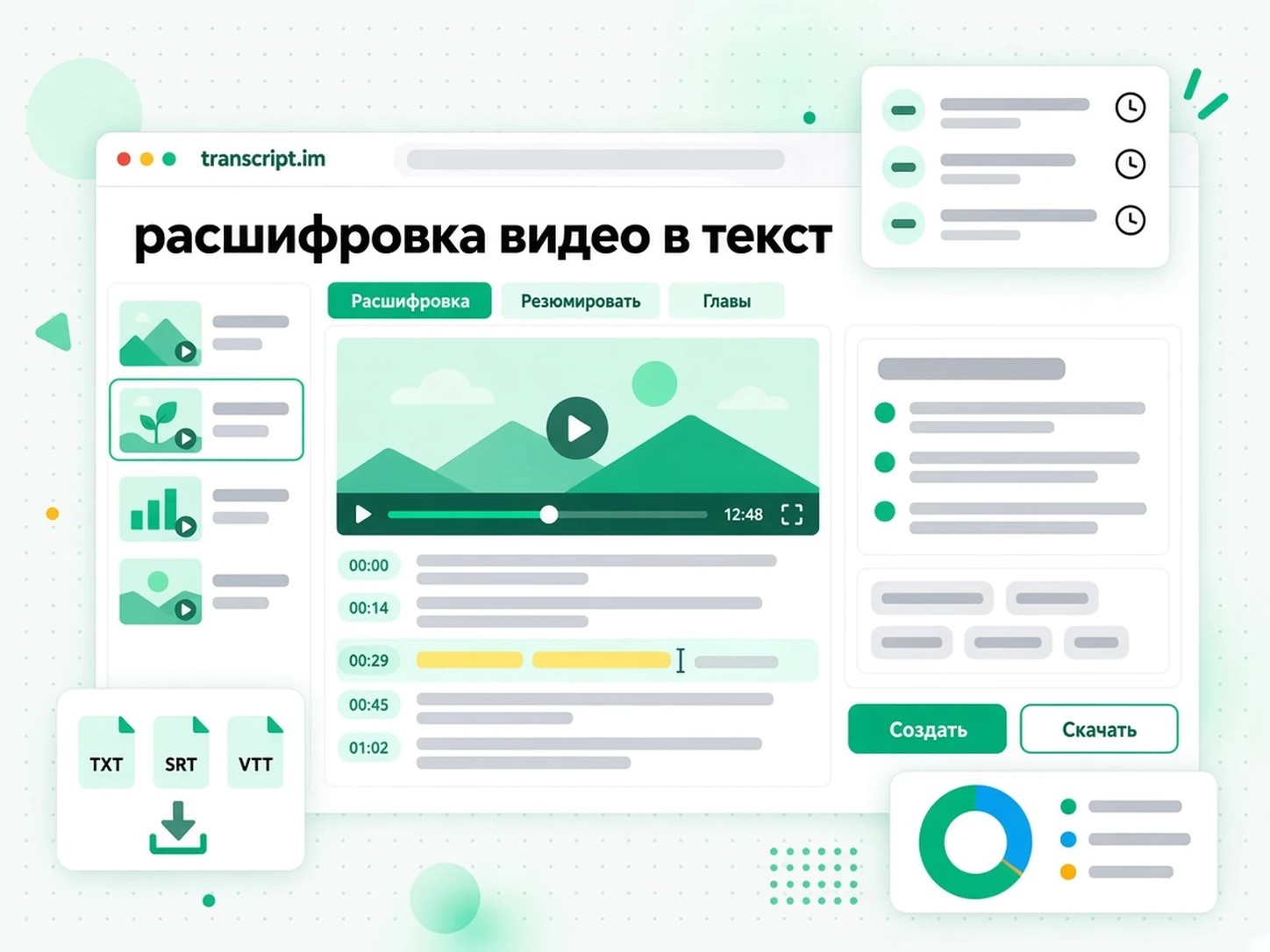 расшифровка видео в текст: генератор расшифровок видео превращает загруженное видео или ссылку в текст с таймкодами