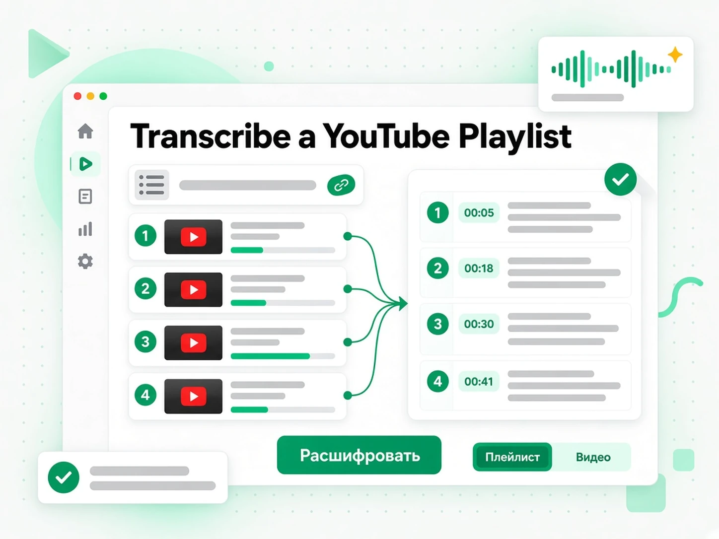 Transcribe a YouTube Playlist: AI расшифровывает все видео плейлиста YouTube параллельно