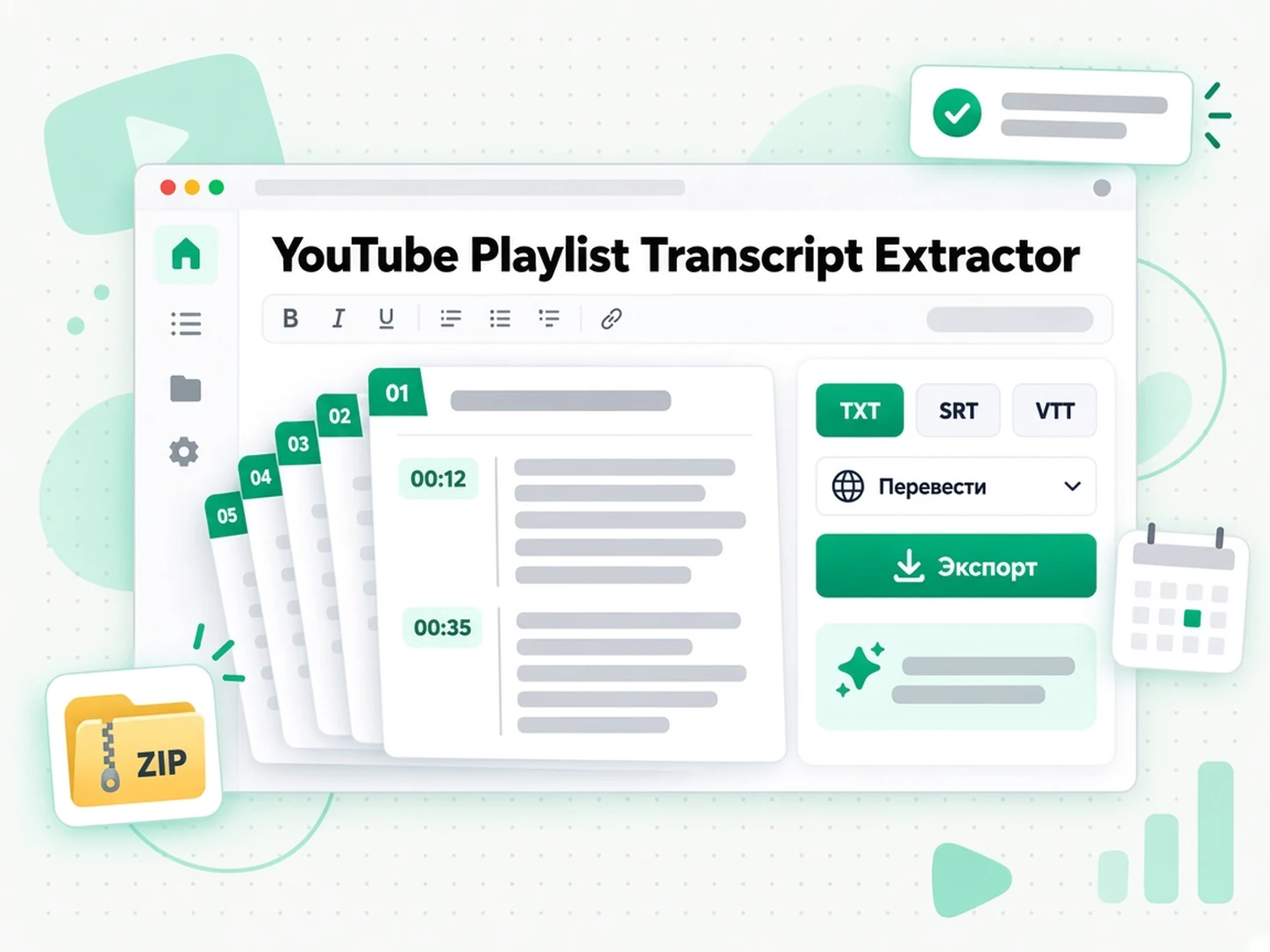 YouTube Playlist Transcript Extractor: экспорт объединённой расшифровки плейлиста YouTube в TXT, SRT или VTT