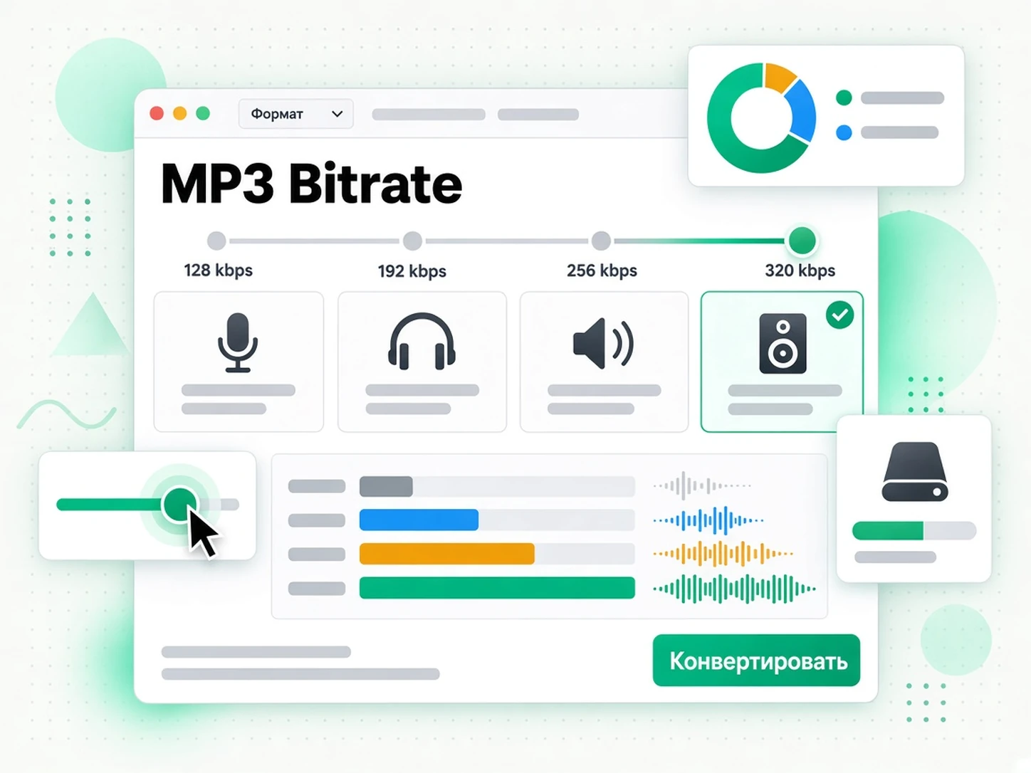 MP3 Bitrate: столбчатая диаграмма сравнения качества MP3 от 128 до 320 kbps