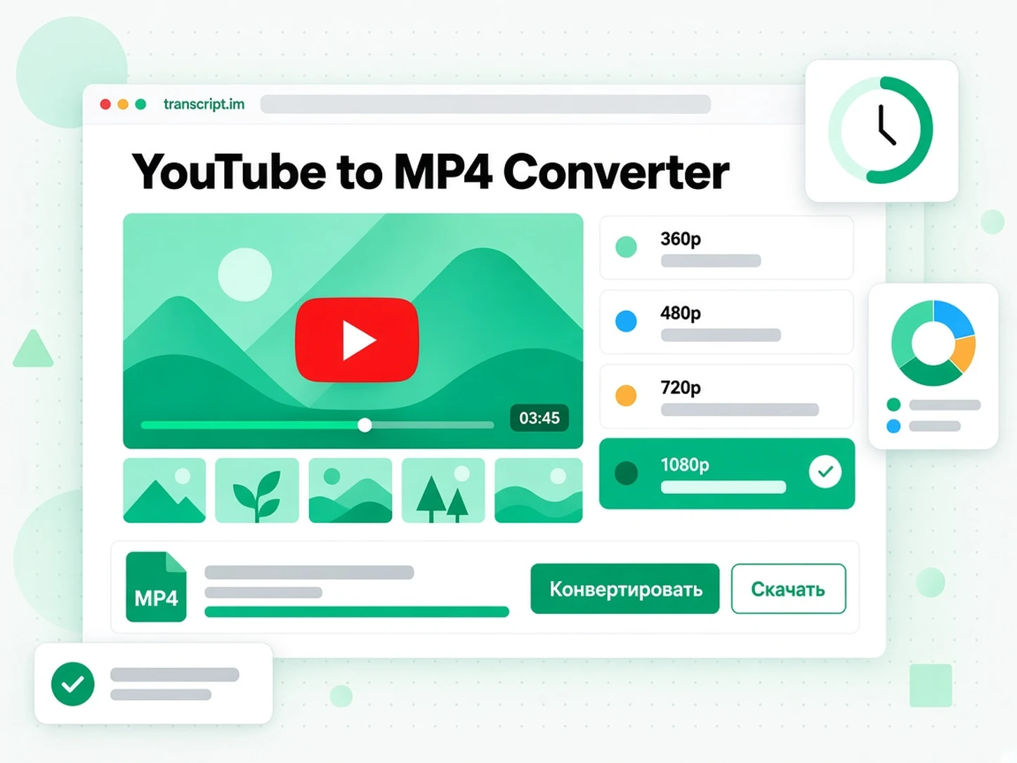 YouTube to MP4 Converter: сетка разрешений от 360p до 1080p с выбранным 1080p и кнопкой скачивания MP4