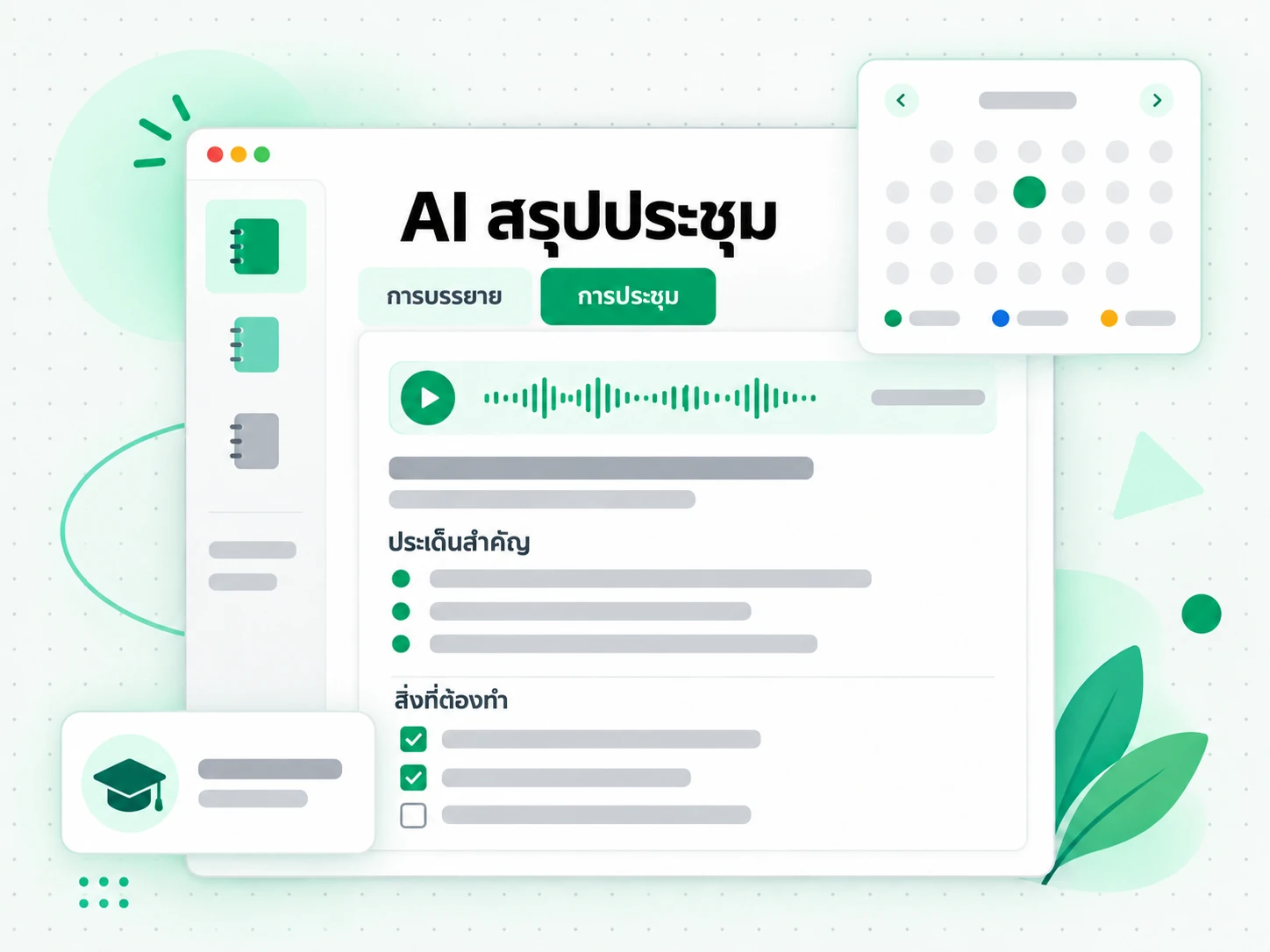 AI สรุปประชุม: เปลี่ยนบทถอดเสียงเป็นโน้ตการเรียนและบันทึกการประชุม