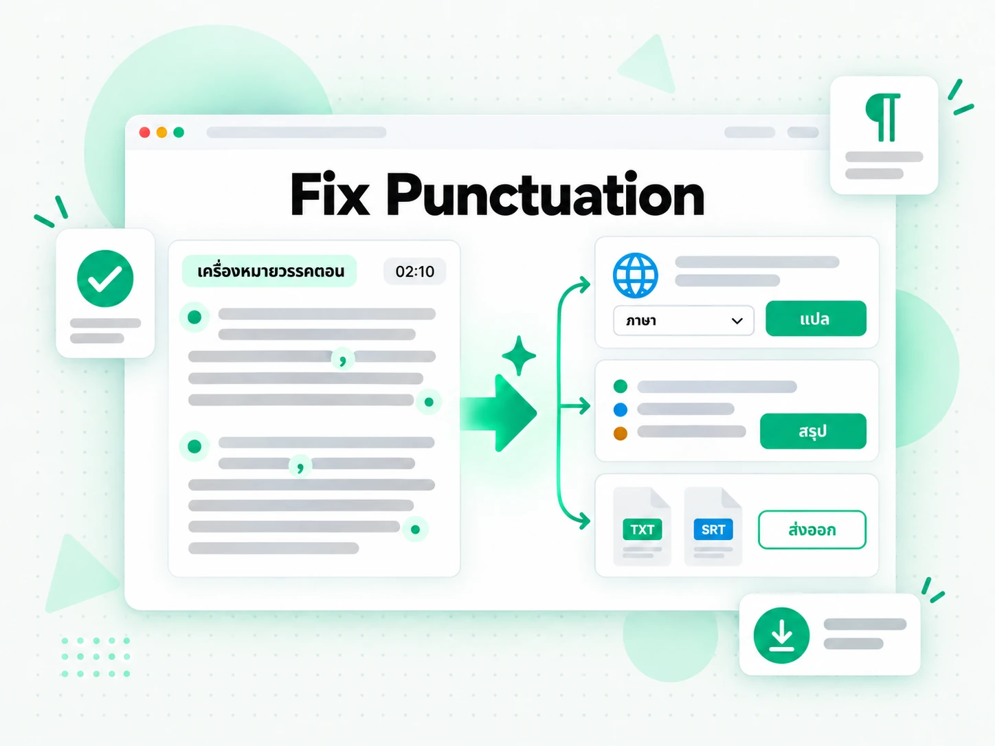Fix Punctuation แล้วแปลข้อความเป็นภาษาอื่น