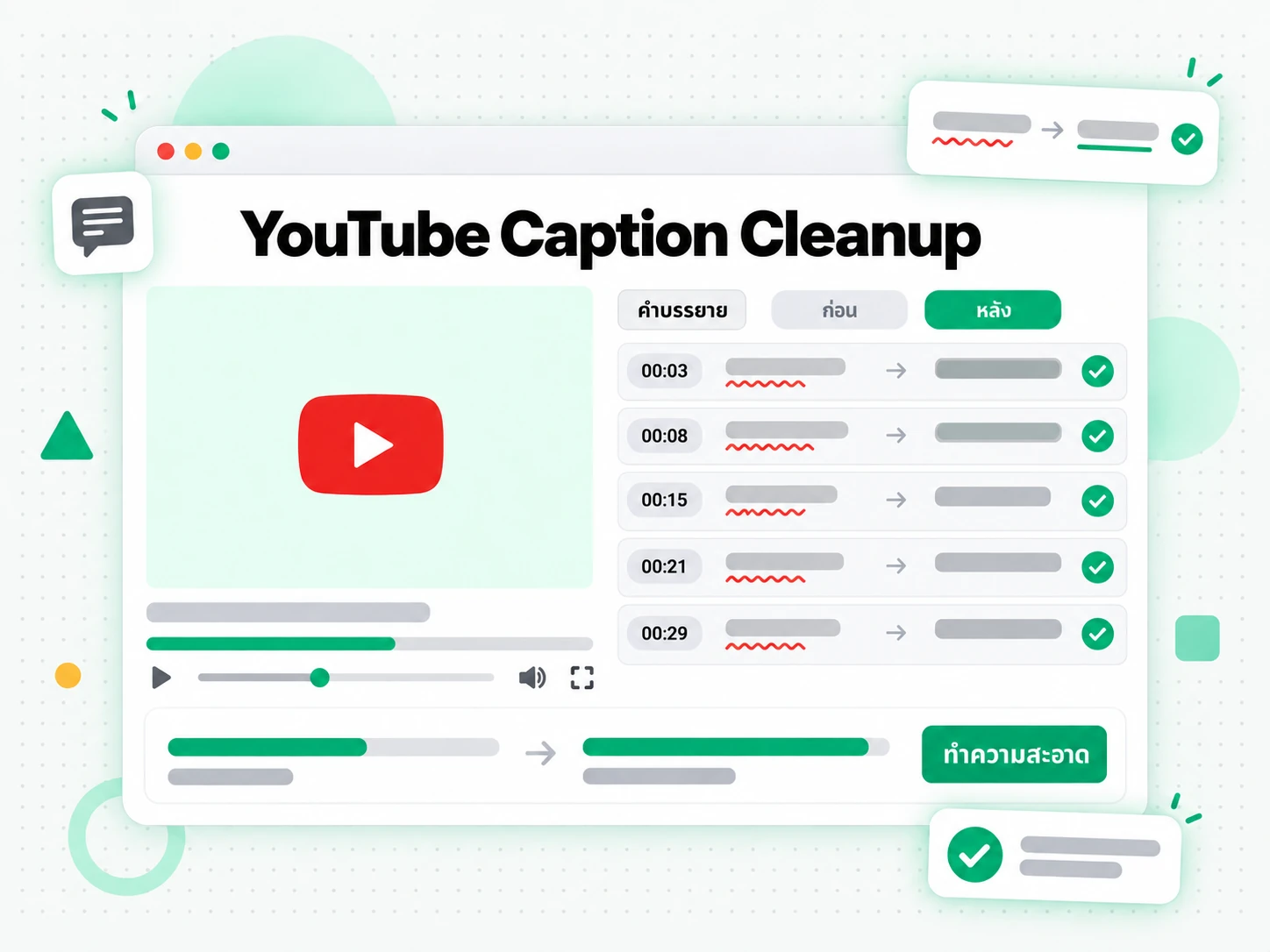 YouTube Caption Cleanup ด้วยการทำความสะอาดทรานสคริปต์