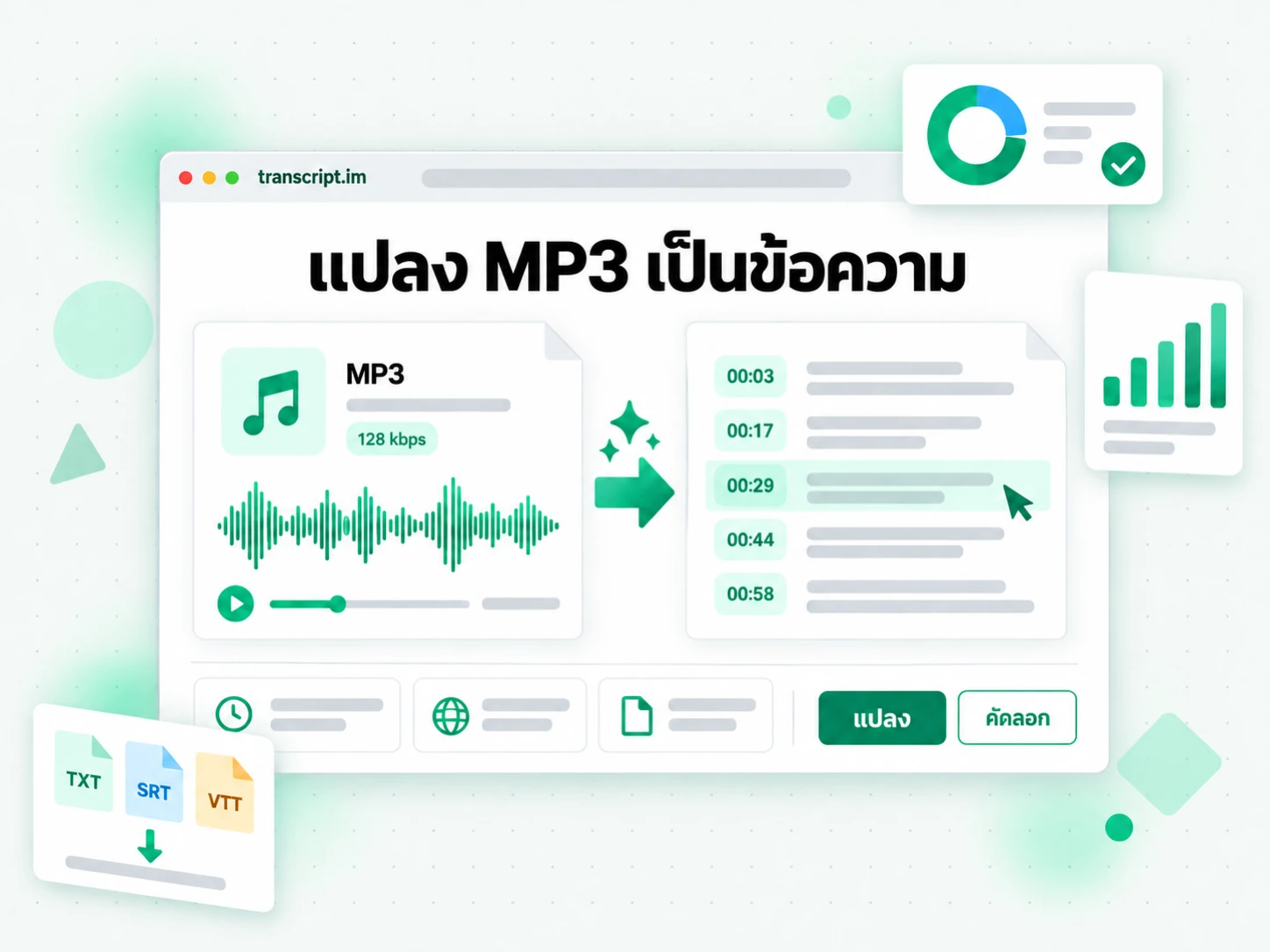 ตัว แปลง MP3 เป็นข้อความ เปลี่ยนไฟล์ MP3 เป็นข้อความพร้อมประทับเวลา
