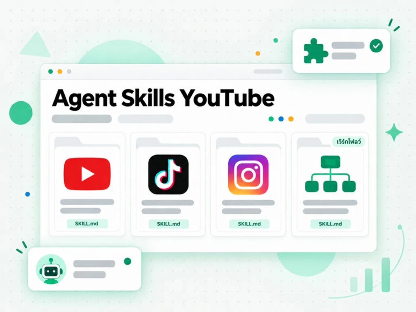 Agent Skills YouTube: แพ็กสกิล YouTube, TikTok, Instagram และเวิร์กโฟลว์