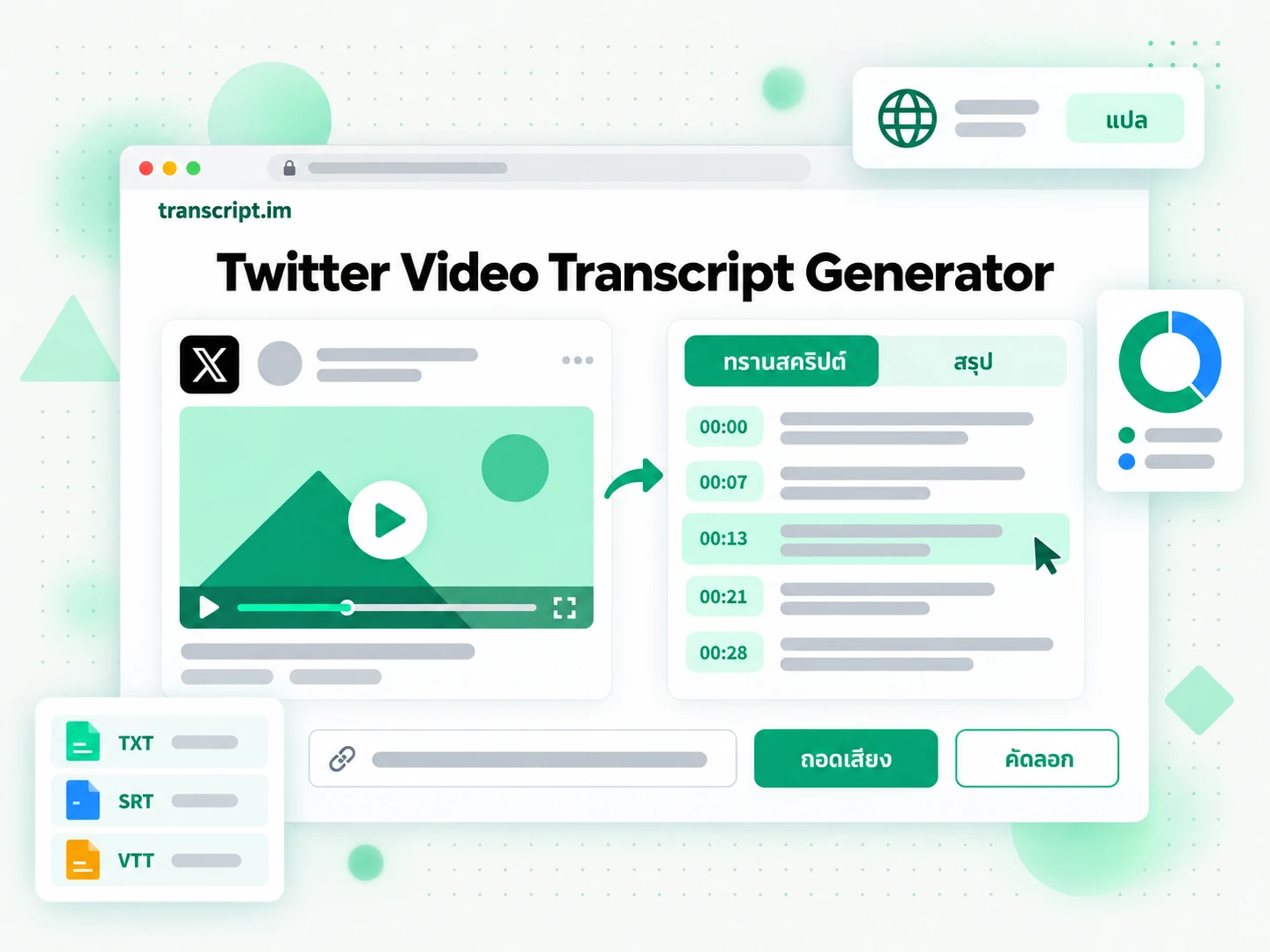 Twitter Video Transcript Generator จากลิงก์สเตตัสสาธารณะพร้อมประทับเวลา