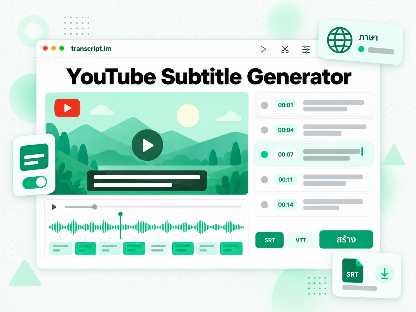 ตัว YouTube Subtitle Generator สร้างไฟล์ SRT และ VTT พร้อมเวลา