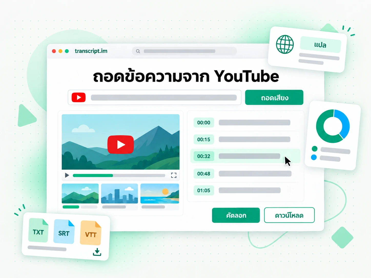 ถอดข้อความจาก YouTube เปลี่ยนวิดีโอเป็นทรานสคริปต์พร้อมประทับเวลา