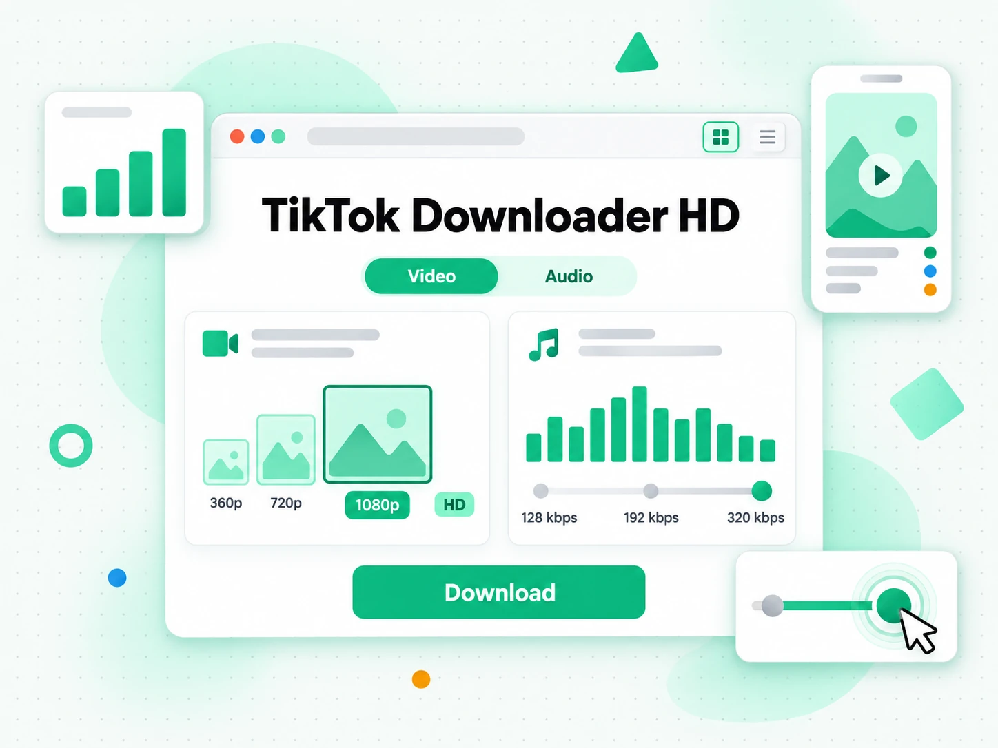 TikTok Downloader HD: a row of MP4 resolution chips up to 1080p
