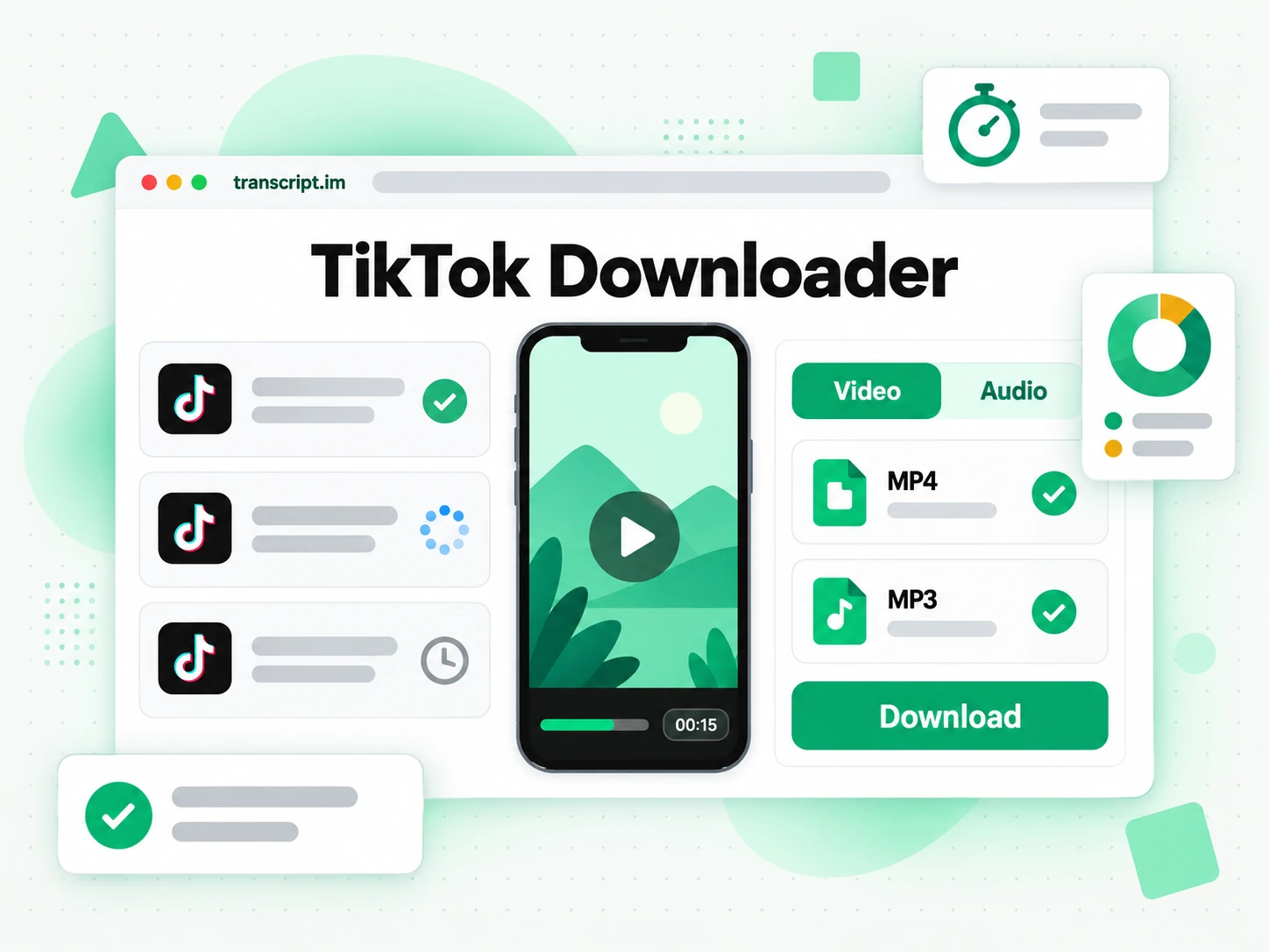 TikTok Downloader link input with MP3 and MP4 format tabs and a Download button