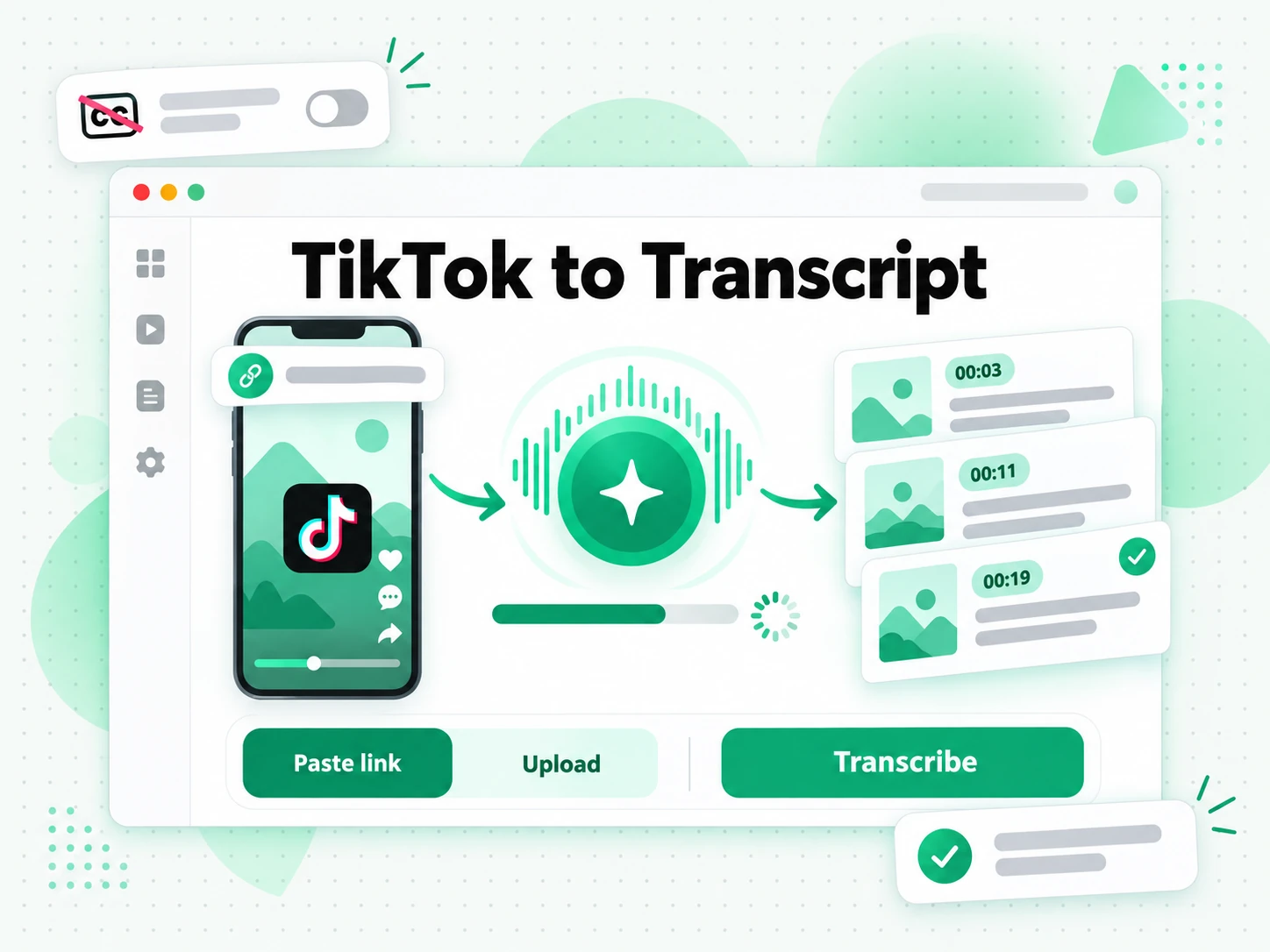TikTok to Transcript: AI transcribing a TikTok video's audio into a timestamped transcript