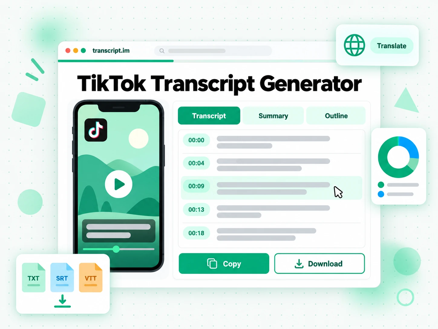 TikTok transcript generator turning a TikTok video into a timestamped transcript