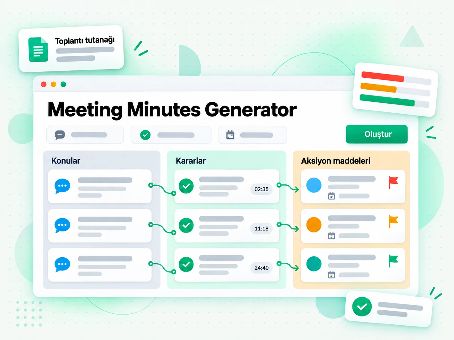 Meeting Minutes Generator: kayıttan eylem maddelerini ve kararları çıkaran toplantı notu oluşturucu