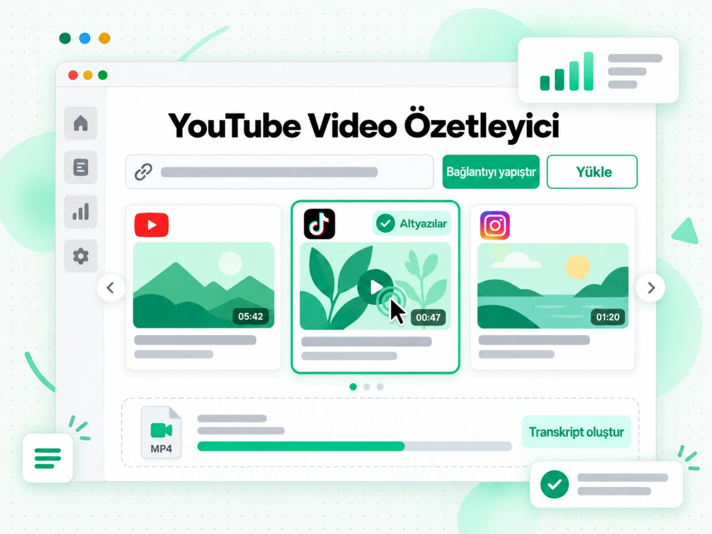 YouTube Video Özetleyici: video bağlantısı yapıştırarak veya dosya yükleyerek AI Video Özetleyiciyi başlatma