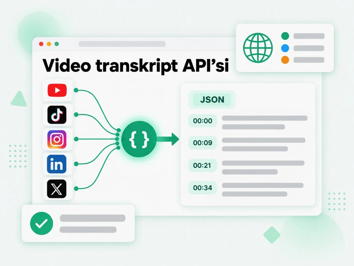 Video transkript API'si: YouTube, TikTok, Instagram, LinkedIn ve X'i zaman damgalı transkriptlere bağlayan tek API