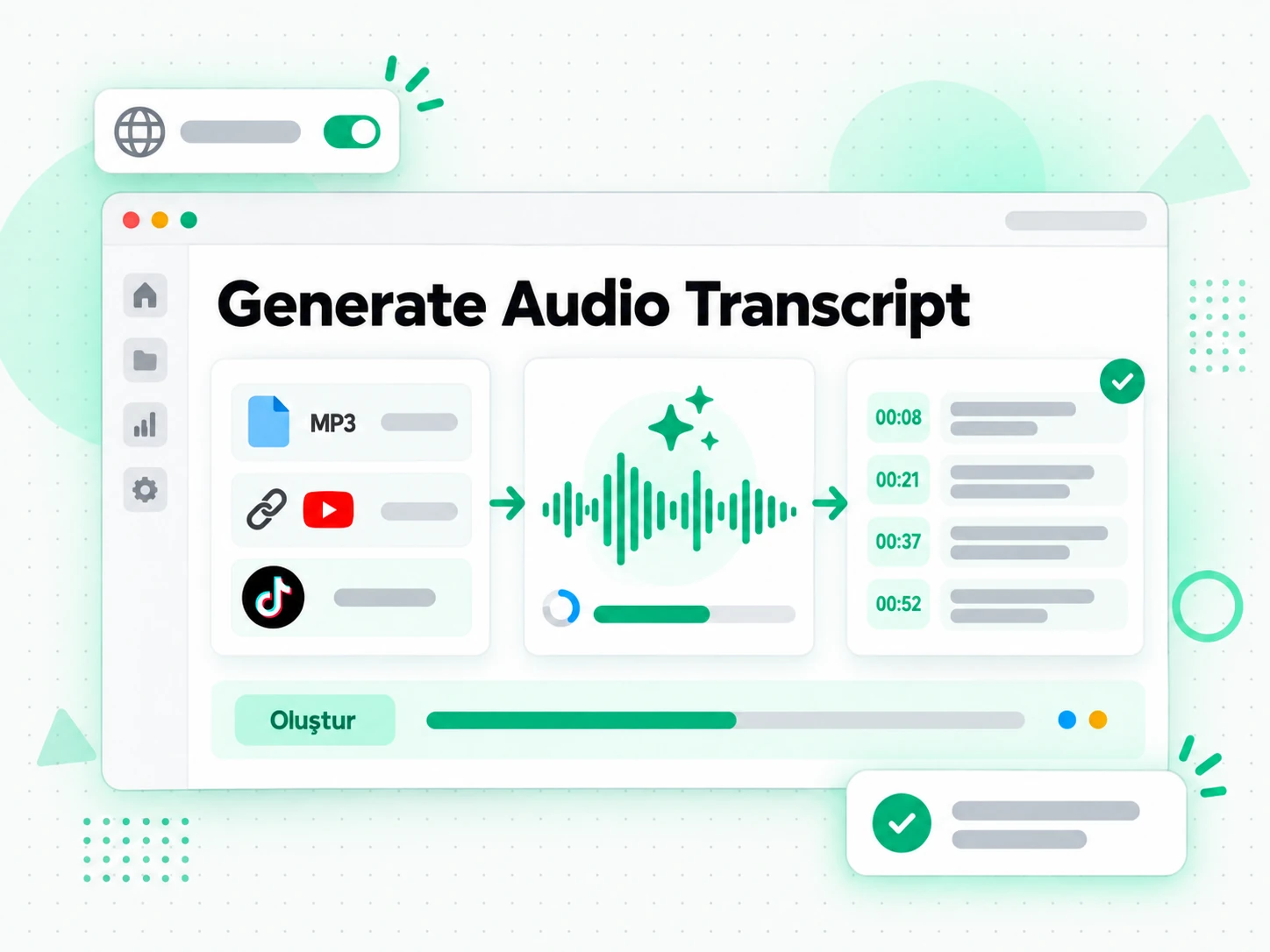 Generate Audio Transcript: ses dosyası yükleyerek veya bağlantı yapıştırarak ses transkripti oluşturucuyu başlatma