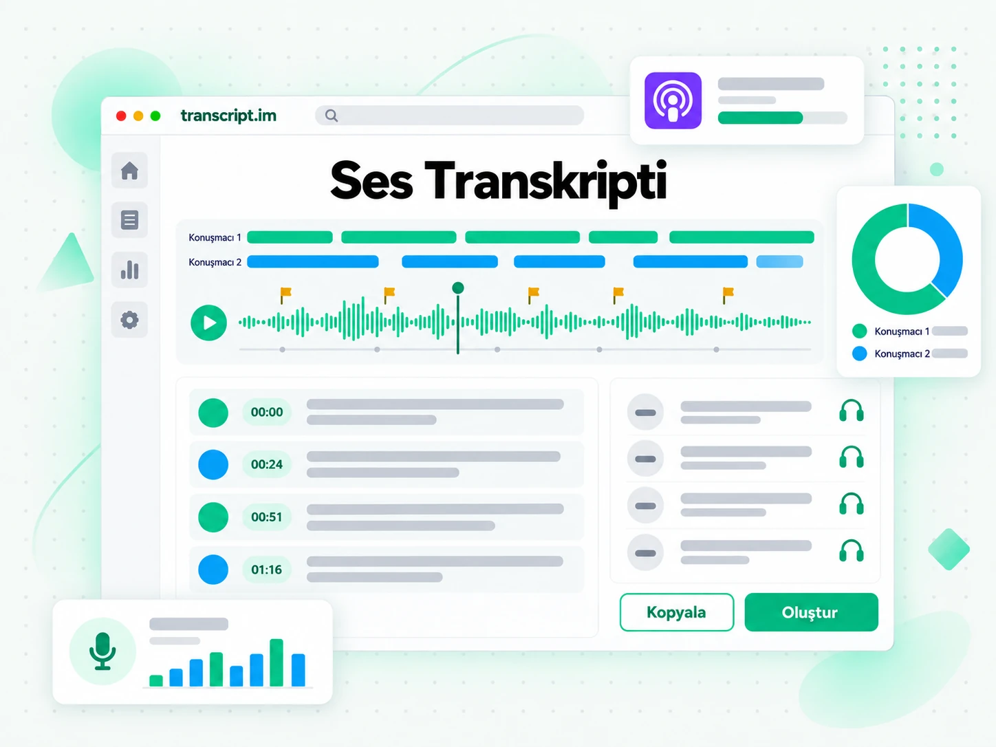 Ses Transkripti: yüklenen bir ses dosyasını veya yapıştırılan bağlantıyı zaman damgalı bir transkripte dönüştürme