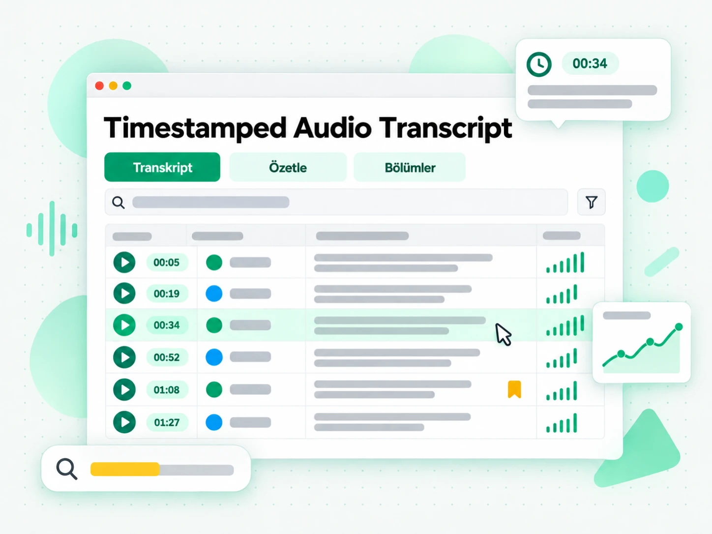 Timestamped Audio Transcript: bir ses transkriptinden özet, ana hat ve zihin haritası oluşturma