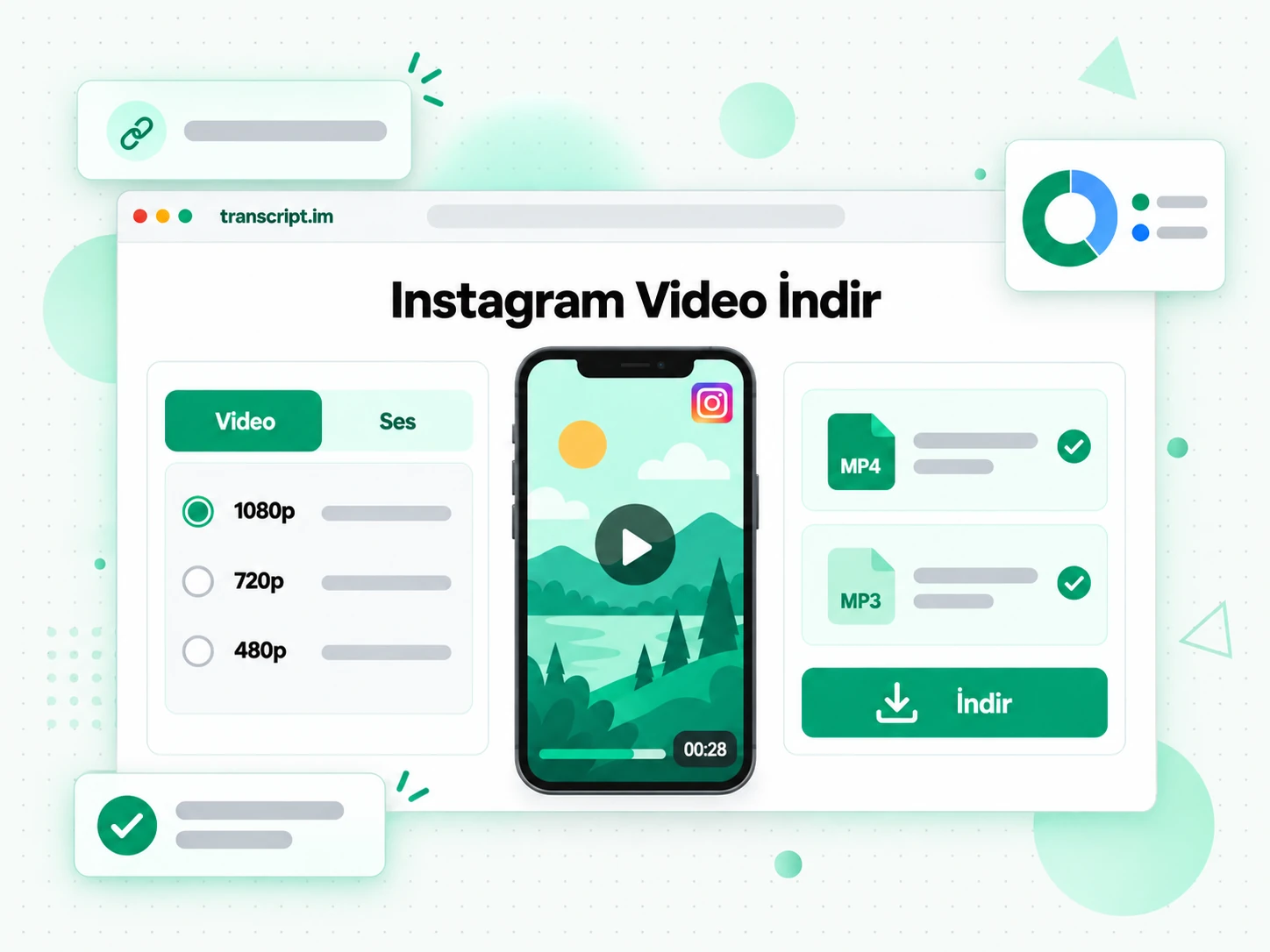 Instagram Video İndir: MP3 ve MP4 format sekmeleri ile bağlantı girişi ve bir İndir düğmesi
