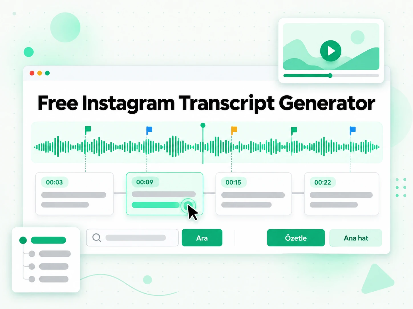 Free Instagram Transcript Generator: bir Instagram Reels transkriptinden özet, ana hat ve zihin haritası oluşturma