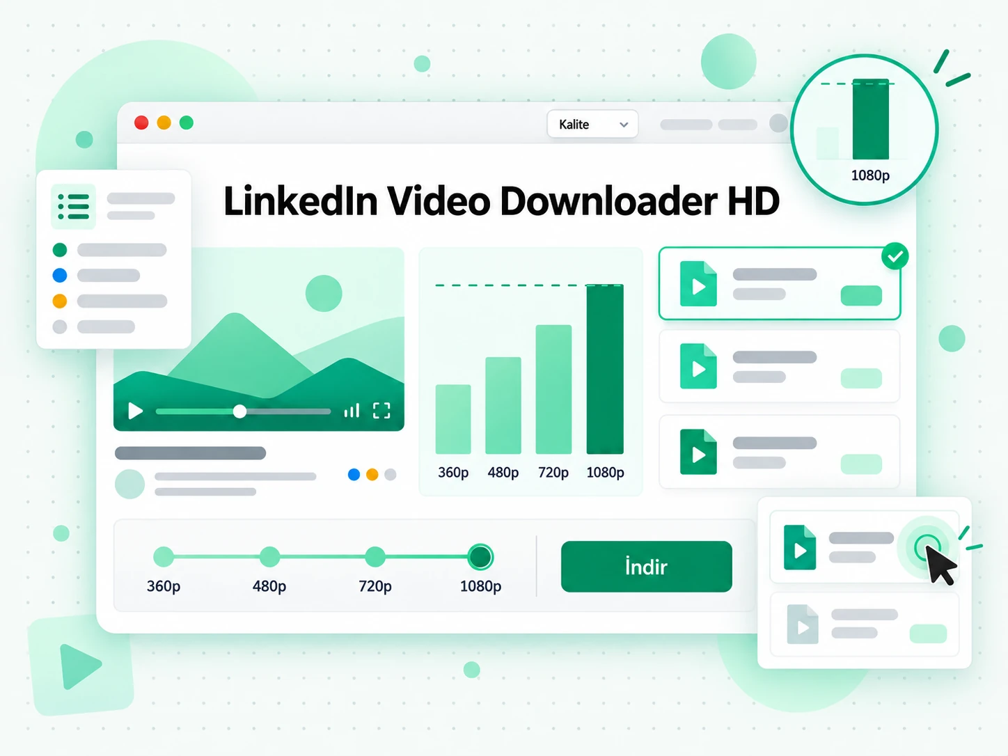 LinkedIn Video Downloader HD: 720p ve 640p MP4 seçenekleri listeleyen LinkedIn video indirici