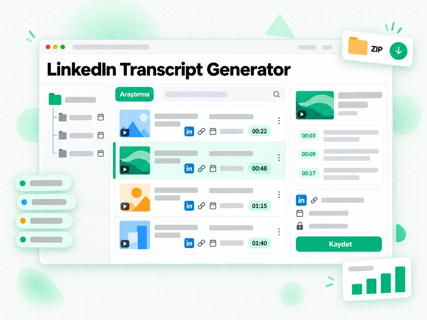 LinkedIn Transcript Generator: kaynak bilgileriyle zaman damgalı bir LinkedIn video transkriptini arşivleyen araştırmacı