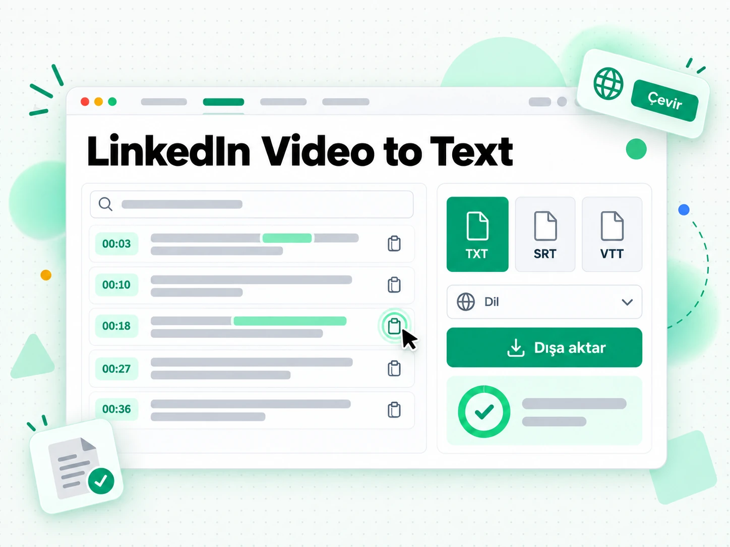LinkedIn Video to Text: tamamlanmış bir LinkedIn video transkriptini dışa aktarma ve çevirme