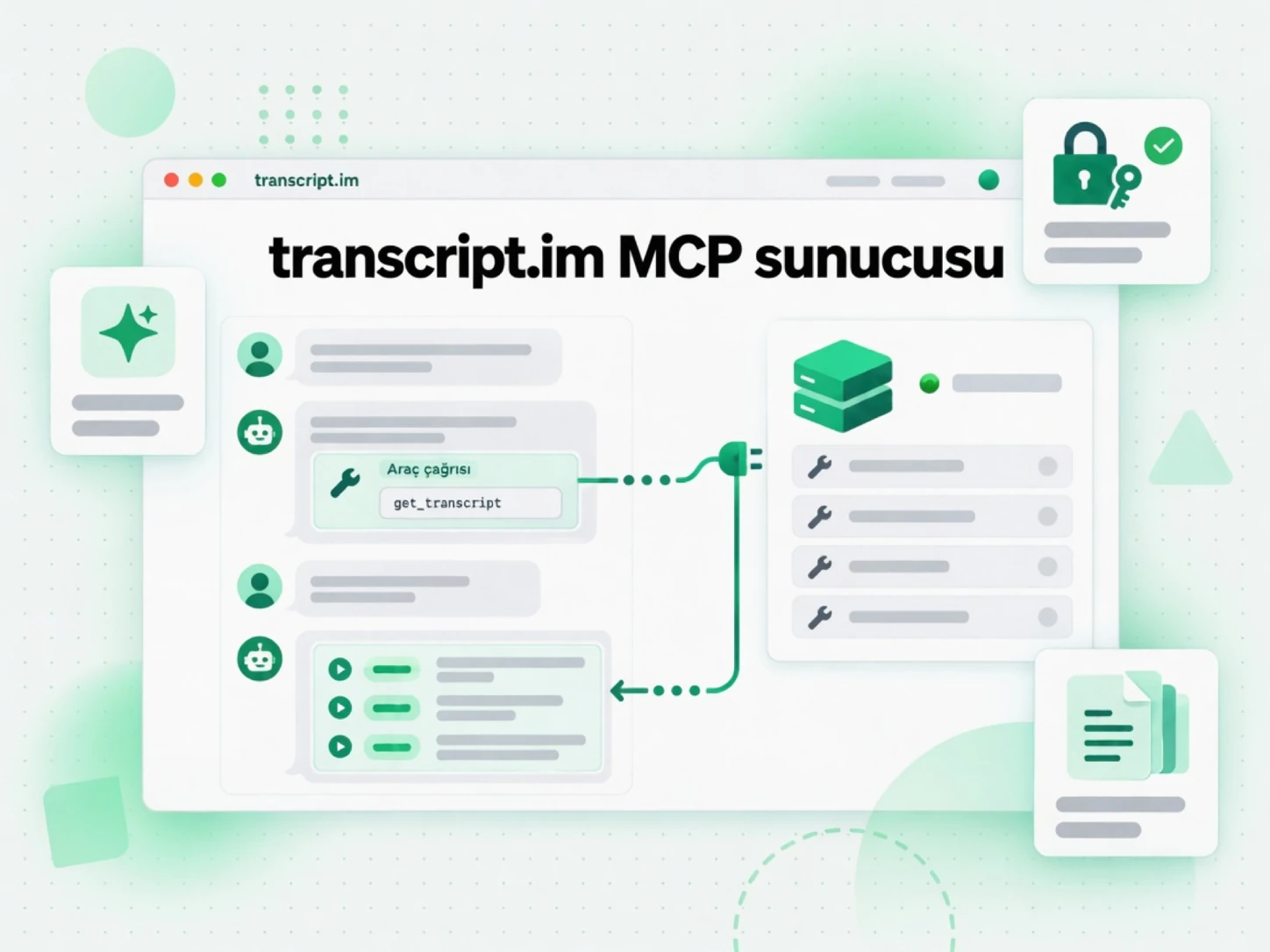 transcript.im MCP sunucusu: bir AI istemcisi uzak MCP sunucusundaki transkript aracını çağırır