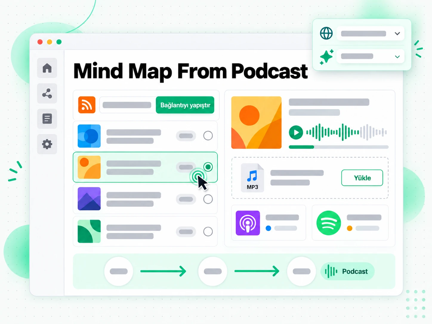 Mind Map From Podcast: bir podcast bölümünü podcast zihin haritası oluşturucuya yükleme