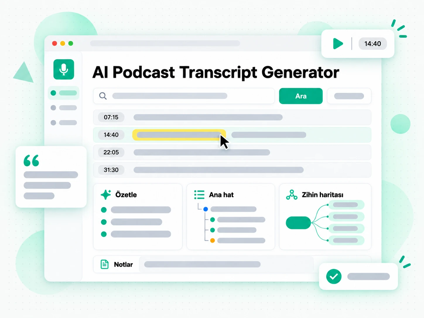 AI Podcast Transcript Generator: bir podcast transkriptinden oluşturulan içerik notları, ana hat ve zihin haritası