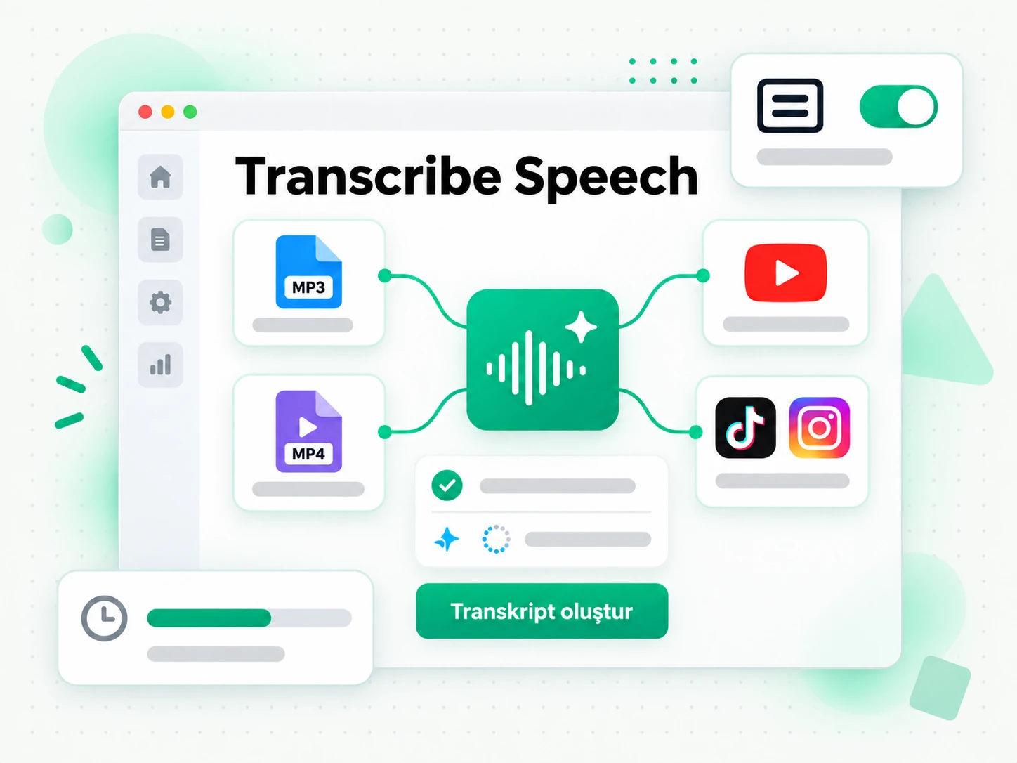 Transcribe Speech: konuşmayı metne çevirme aracına dosya yükleme veya bağlantı yapıştırma