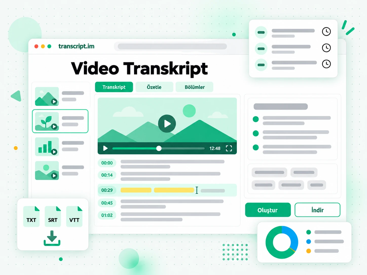 Video Transkript: yüklenen bir videoyu veya yapıştırılan bağlantıyı zaman damgalı bir transkripte dönüştürme