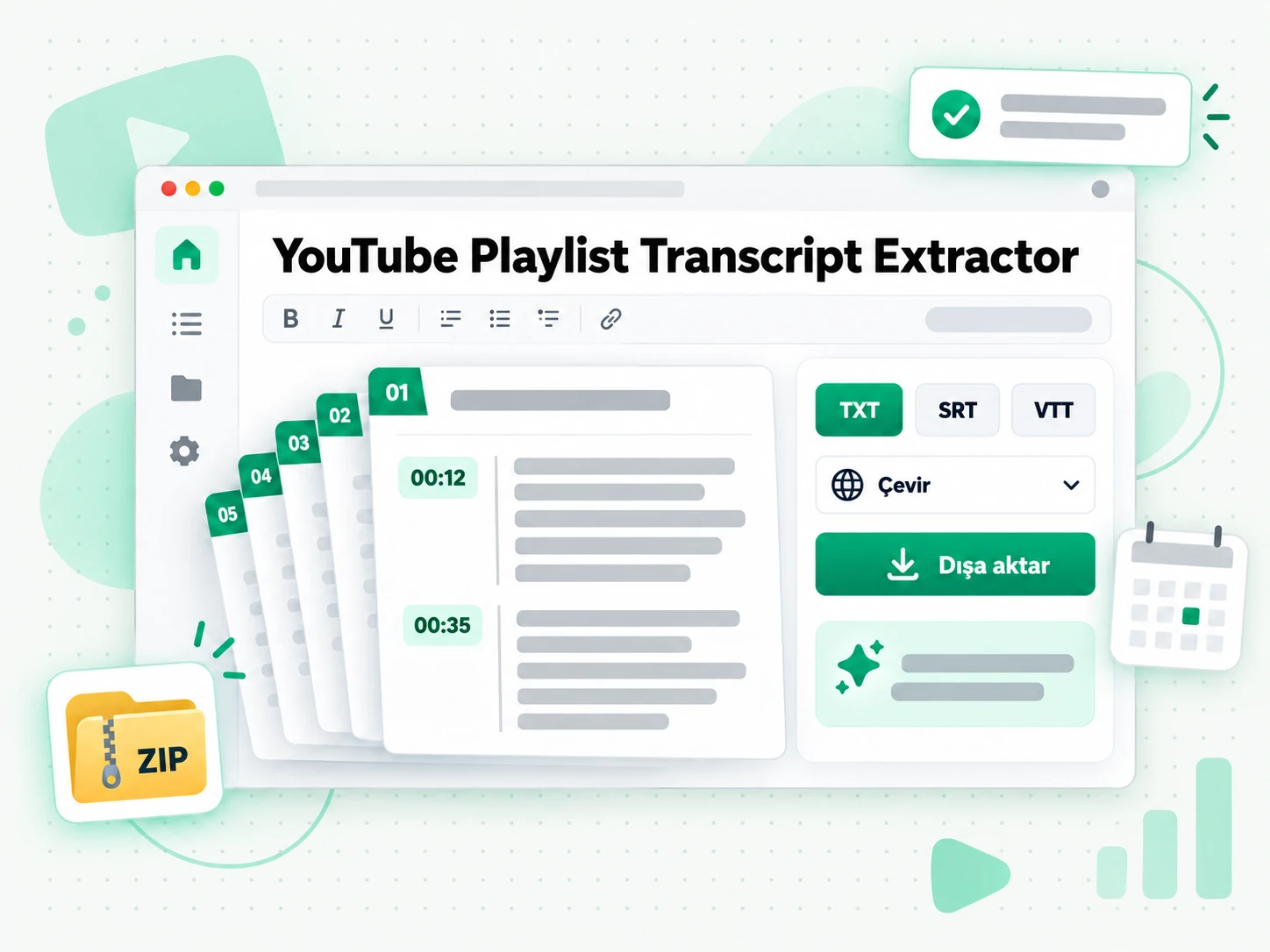 YouTube Playlist Transcript Extractor: oynatma listesi transkriptini TXT, SRT veya VTT olarak dışa aktarma