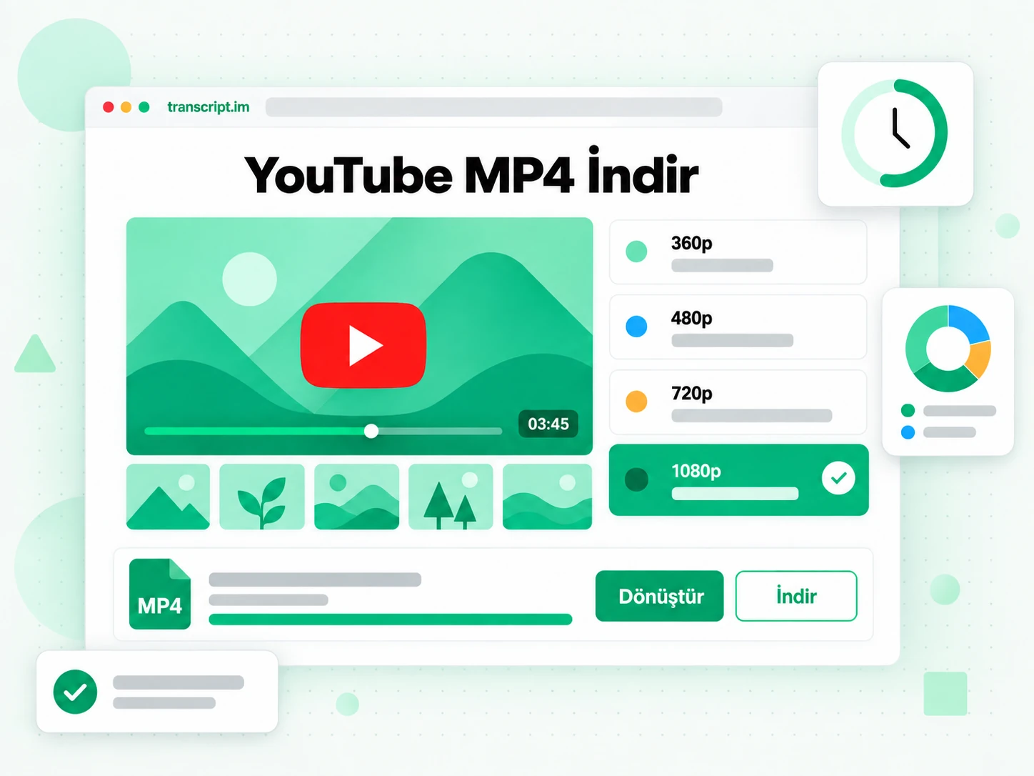 YouTube MP4 İndir: 360p'den 1080p'ye çözünürlük ızgarası ve bir MP4 İndir düğmesi