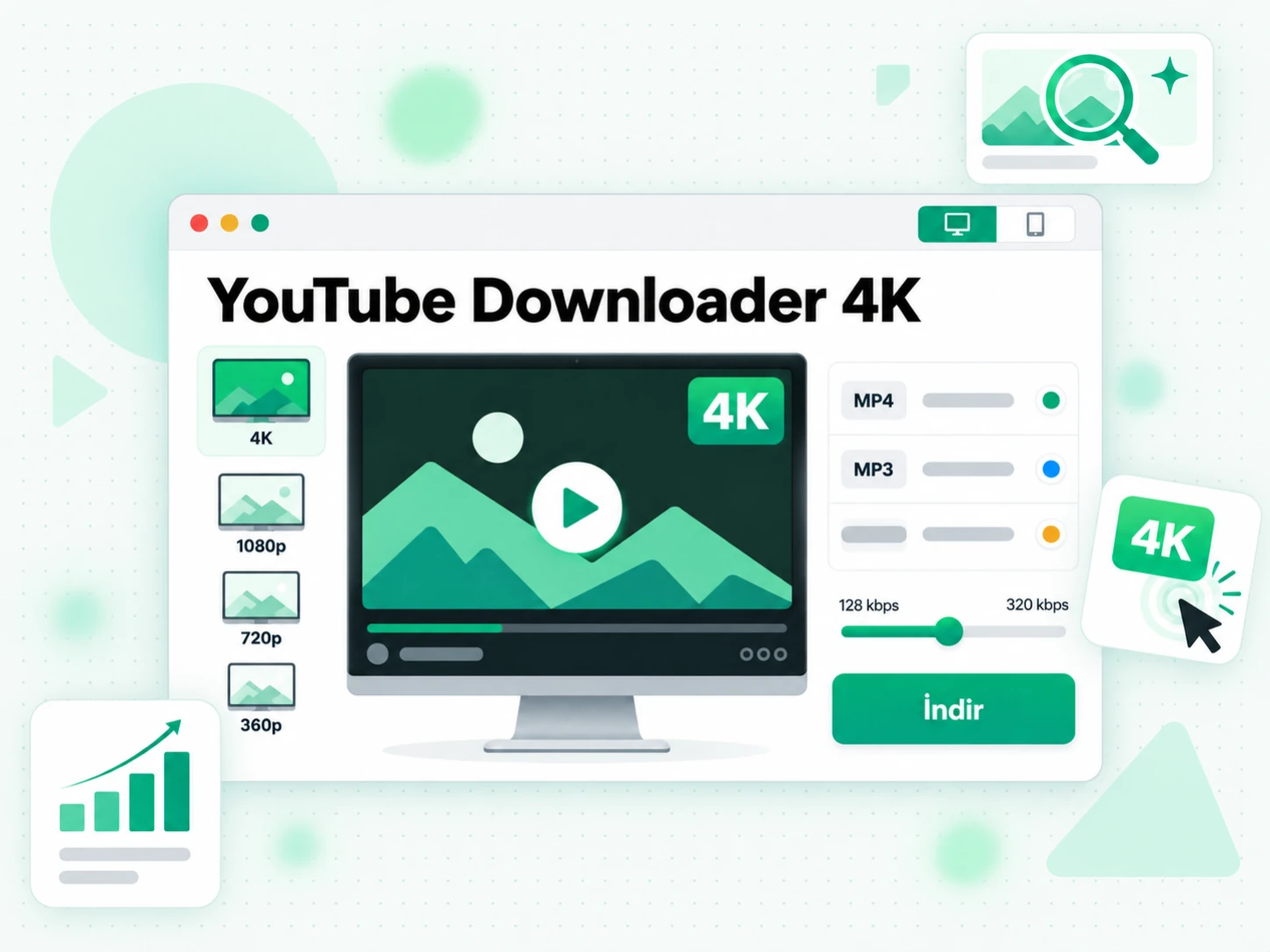 YouTube Downloader 4K: 360p'den 1080p'ye kadar MP4 çözünürlük seçenekleri