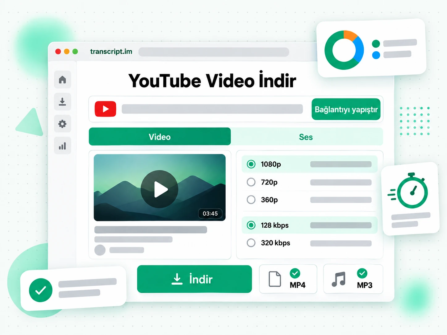 YouTube Video İndir: MP3 ve MP4 format sekmeleri ile bağlantı girişi ve bir İndir düğmesi
