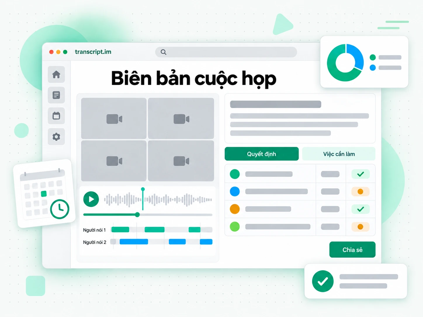 Biên bản cuộc họp được tạo từ bản ghi âm cuộc họp kèm hạng mục công việc