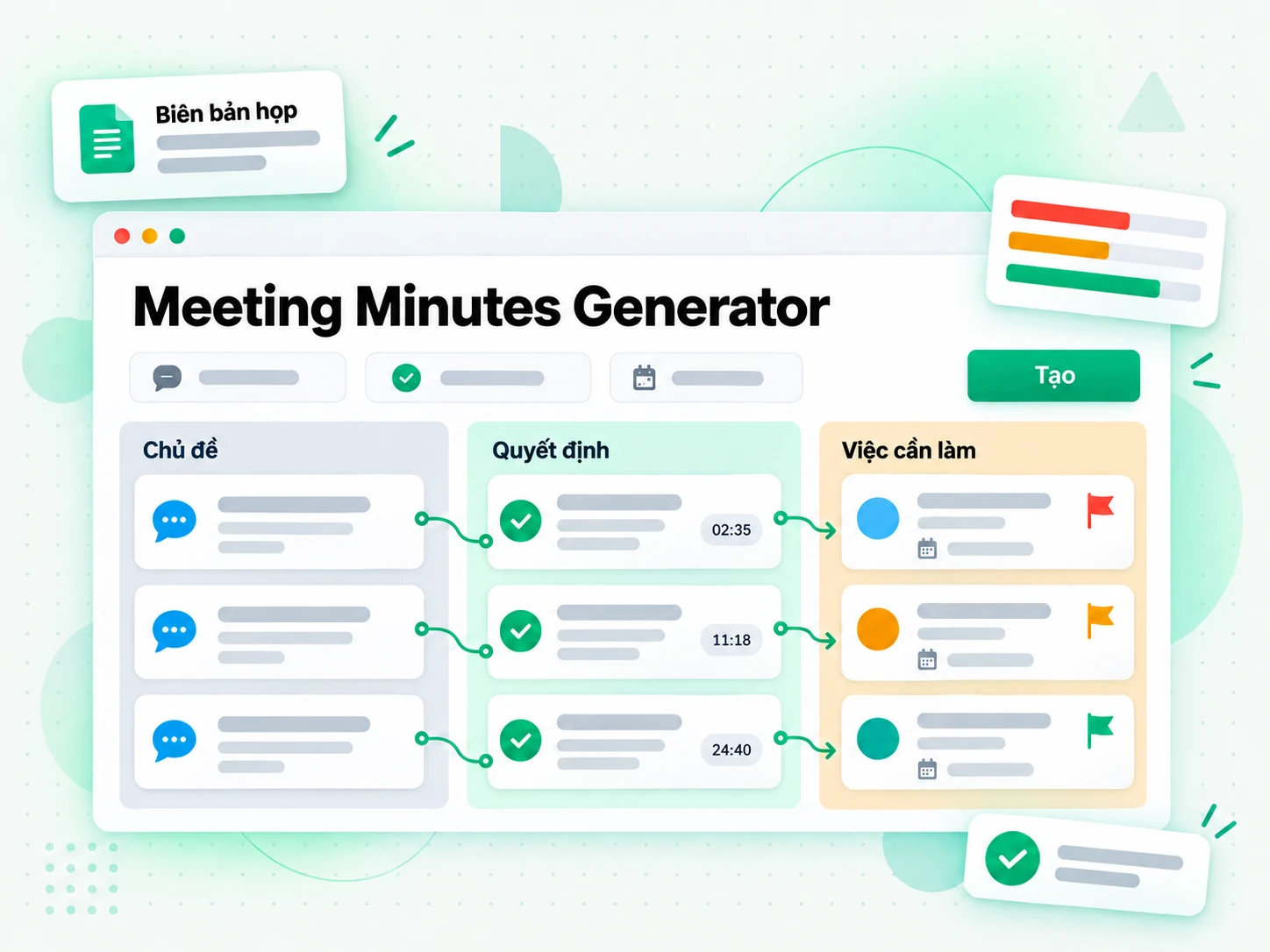 Meeting Minutes Generator trích xuất hạng mục công việc và quyết định từ bản ghi