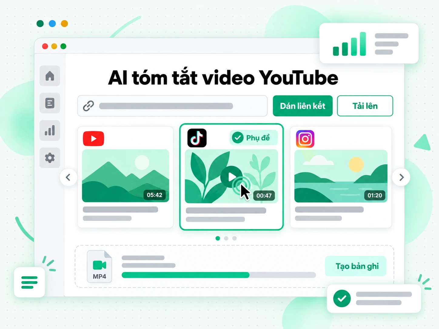 AI tóm tắt video YouTube: dán liên kết hoặc tải video lên để bắt đầu tóm tắt