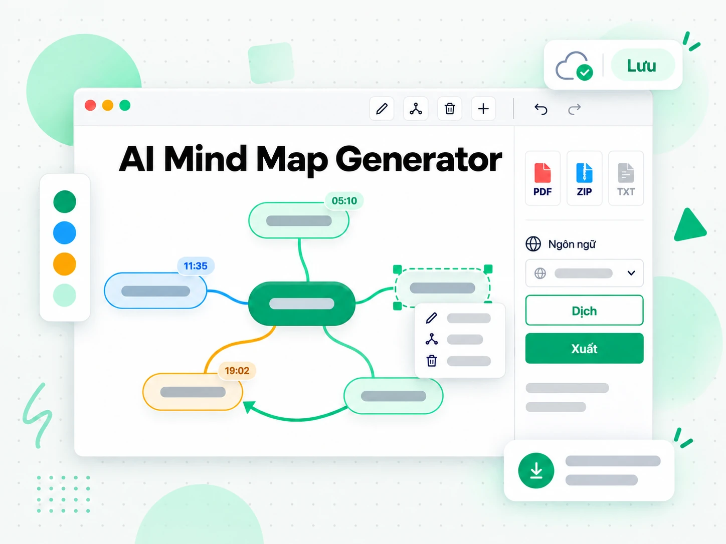 AI Mind Map Generator đang chỉnh sửa và xuất sơ đồ tư duy từ âm thanh