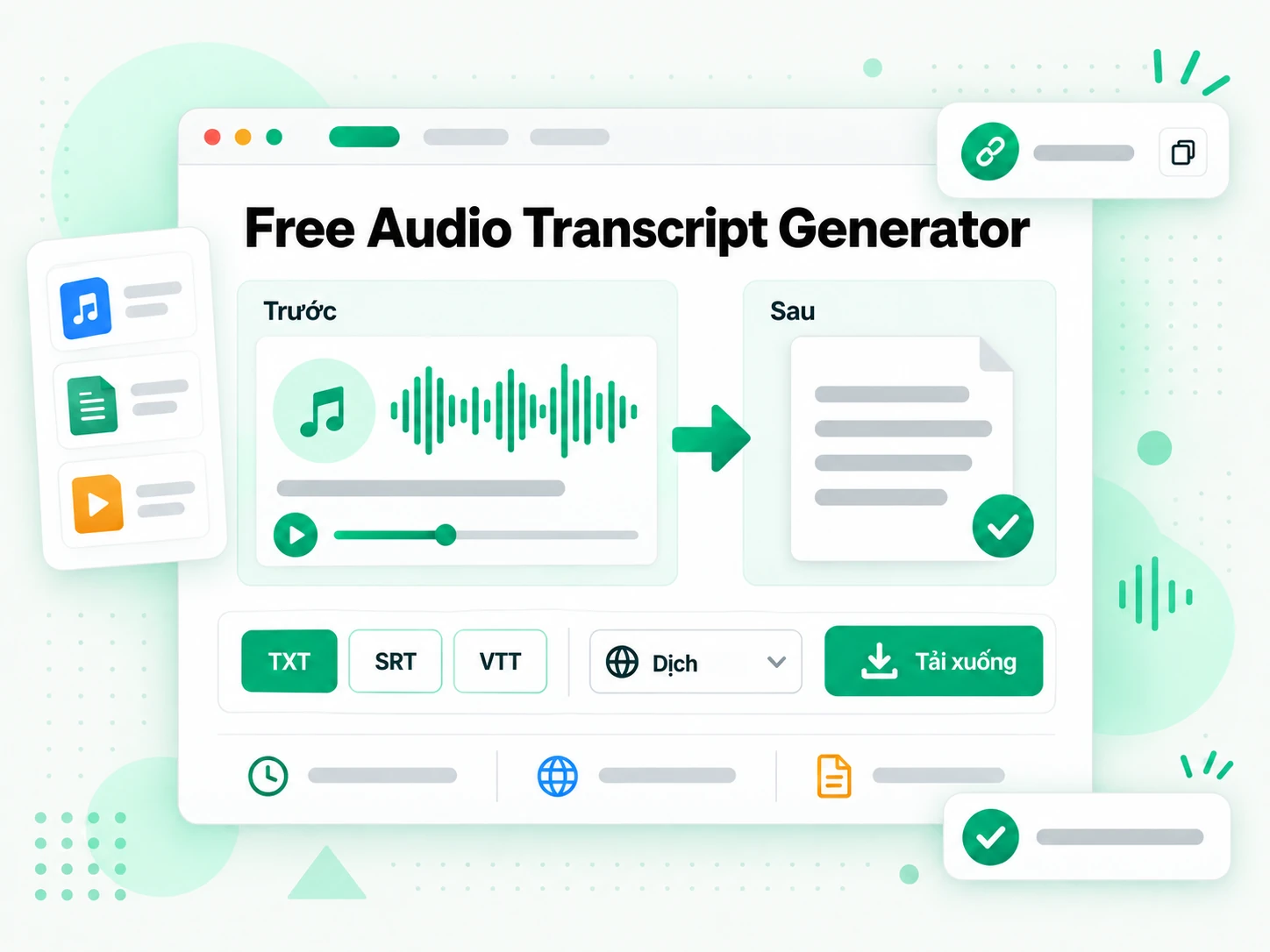 Free Audio Transcript Generator đang dịch và xuất bản ghi âm thanh