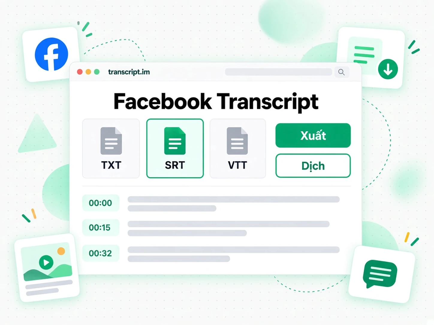Facebook Transcript: Xuất, dịch hoặc tái sử dụng văn bản