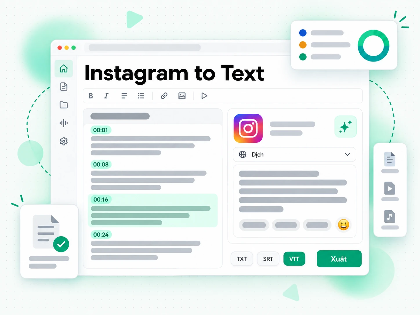 Instagram to Text rồi dịch và xuất bản ghi Reel