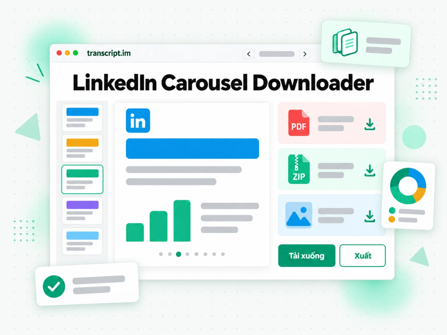 LinkedIn Carousel Downloader hiển thị bản xem trước từng trang cùng tùy chọn PDF và ZIP