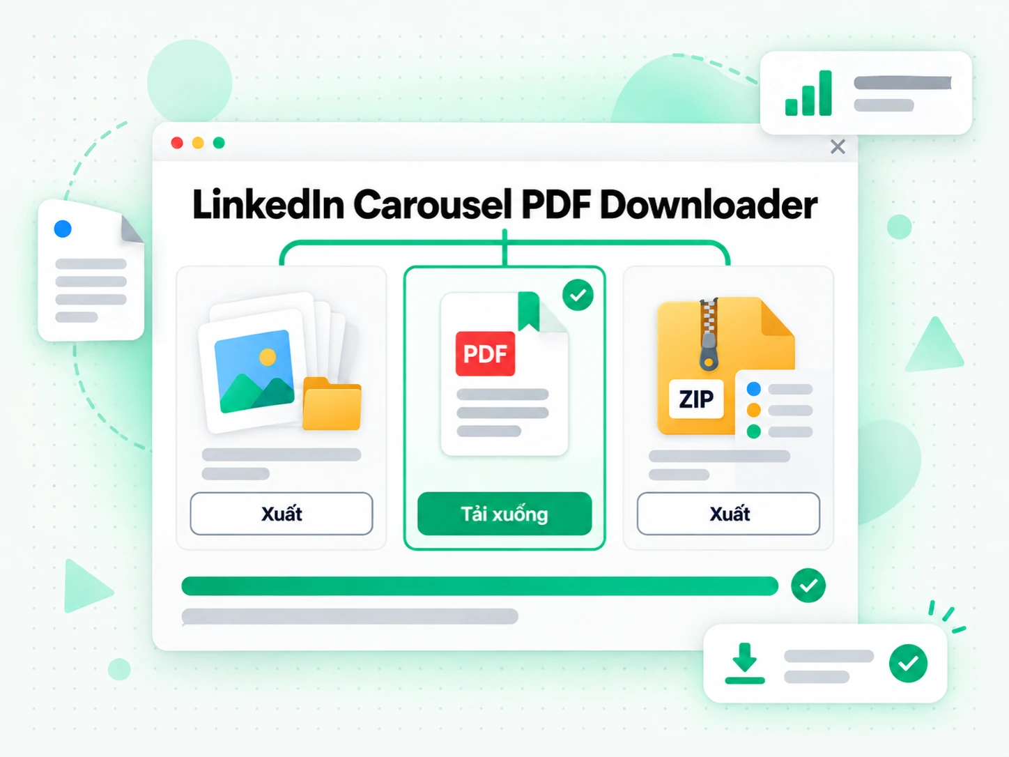 LinkedIn Carousel PDF Downloader với các nút điều khiển PDF, ZIP và tải xuống